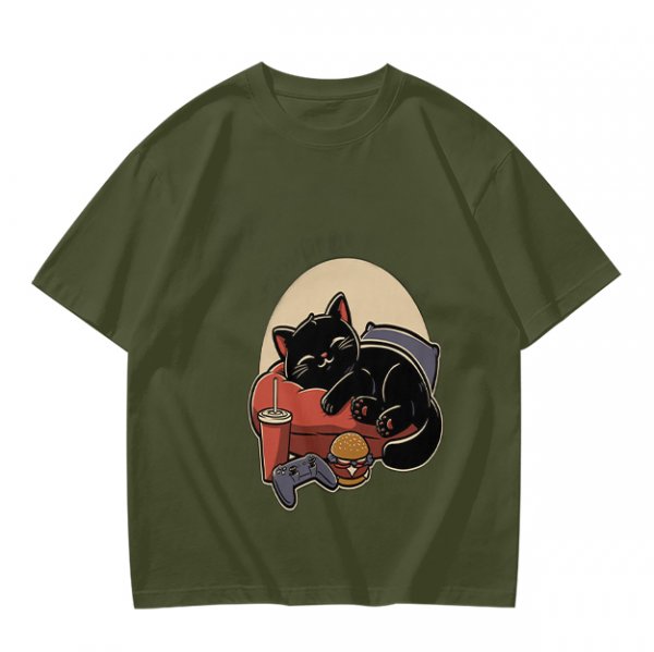 Olive T-Shirt with Relaxed Black Cat Gaming Snack Print