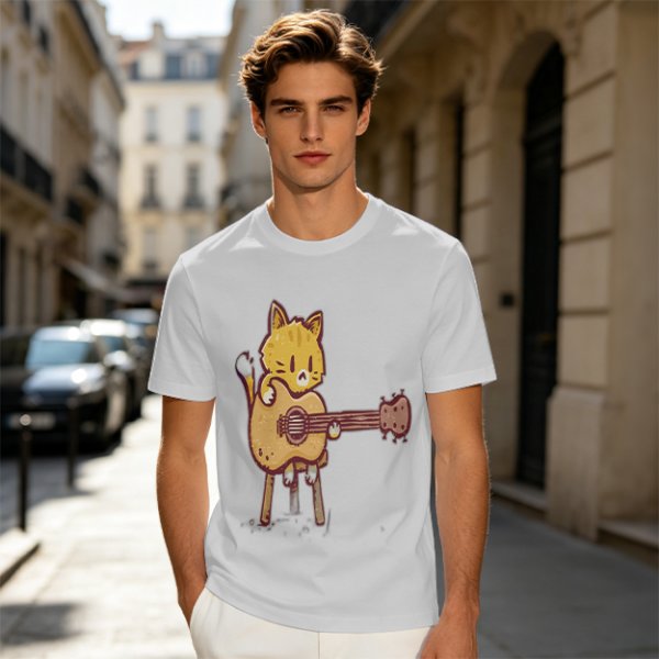 Olive T-shirt with Cute Orange Cat Playing Guitar Graphic