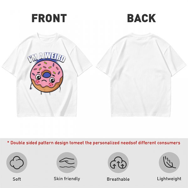 Olive green t-shirt with sad donut graphic and 'I'M A WEIRD' text