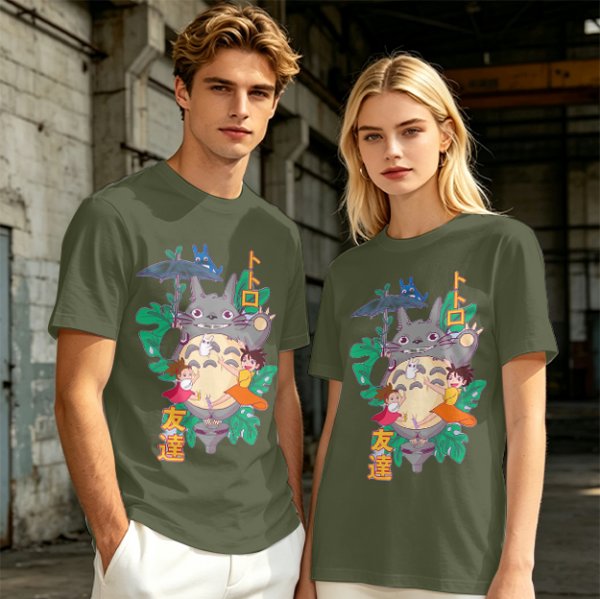 My Neighbor Totoro Graphic T-Shirt with Anime Characters and Leaves