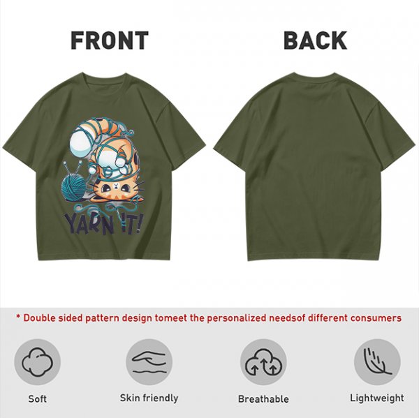 Olive T-shirt with Tangled Orange Cat Yarn It Print