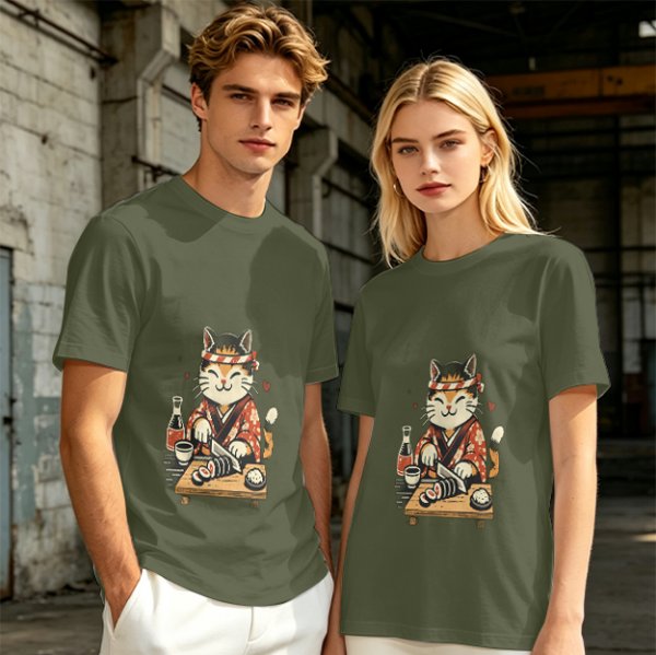 Olive T-Shirt Featuring a Cute Cat Sushi Chef Illustration