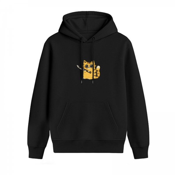 Black hoodie with cute orange tabby cat holding a knife graphic