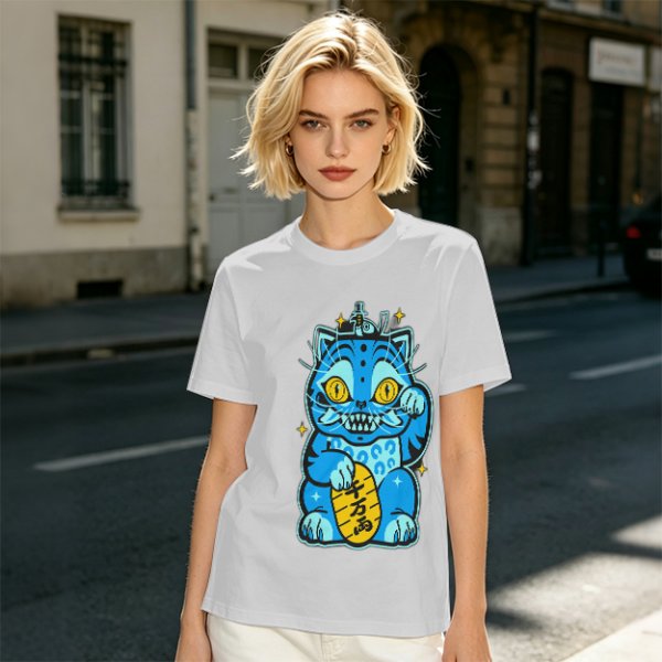Olive T-Shirt With Blue Maneki-Neko Monster Graphic Print