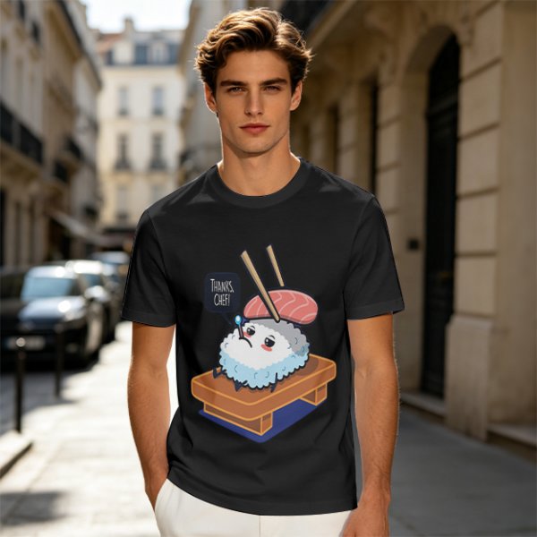 Olive T-Shirt With Sad Sushi Character Saying Thanks Chef Print