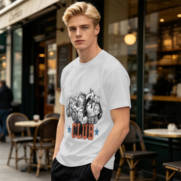 Olive T-Shirt With Cartoon Characters And 'CLUB' Graphic Print