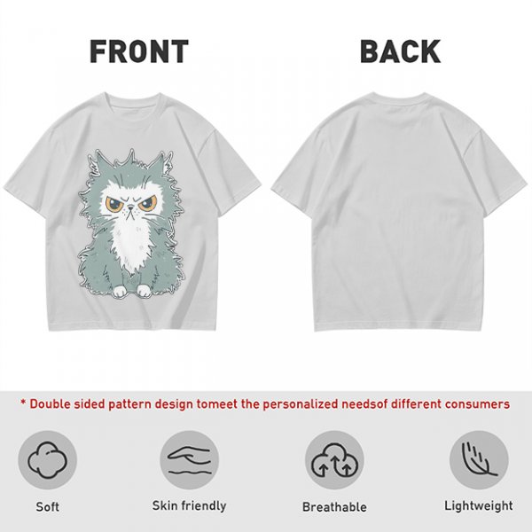 Olive T-shirt with Grumpy Fluffy Gray Cat Graphic Print