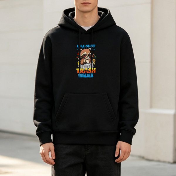 Black hoodie with cute raccoon trash issues graphic