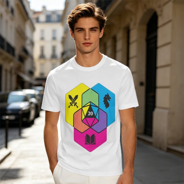 Olive T-Shirt With D20 And Fantasy RPG Themed Hexagon Art