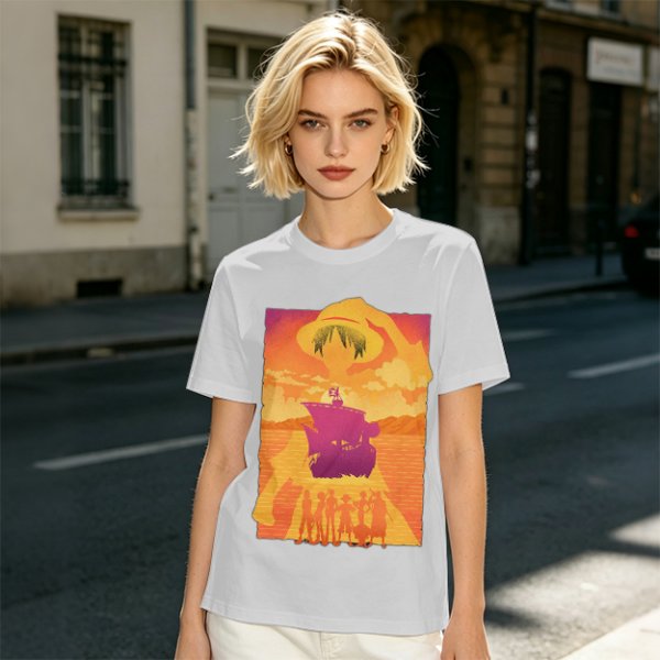 One Piece Straw Hat Crew Sunset Pirate Ship Graphic T-Shirt