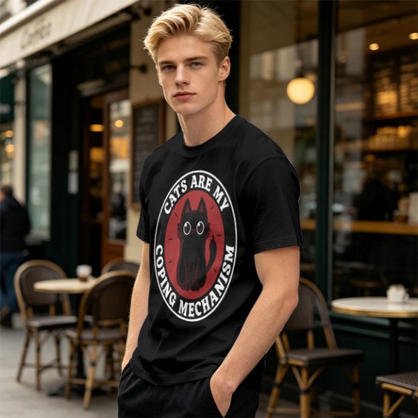 Olive t-shirt with 'Cats Are My Coping Mechanism' and black cat graphic