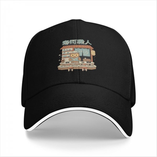 Black baseball cap with owl sushi chef graphic