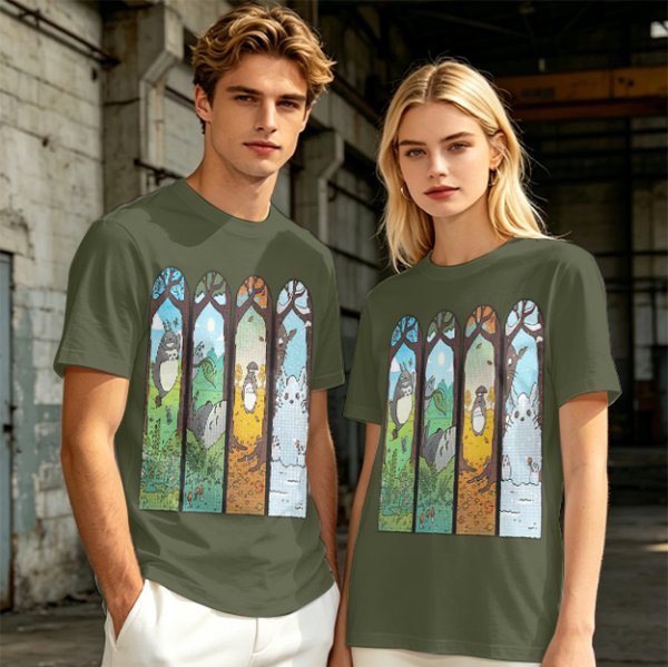 Olive T-Shirt With Stained Glass Style Four Seasons Forest Creature Art