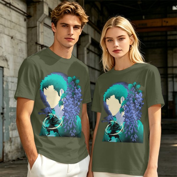 Anime Character Silhouette Wisteria Floral Graphic Olive T-Shirt