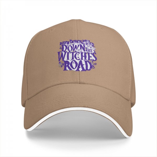 Black baseball cap with 'Down the Witches Road' Halloween themed print