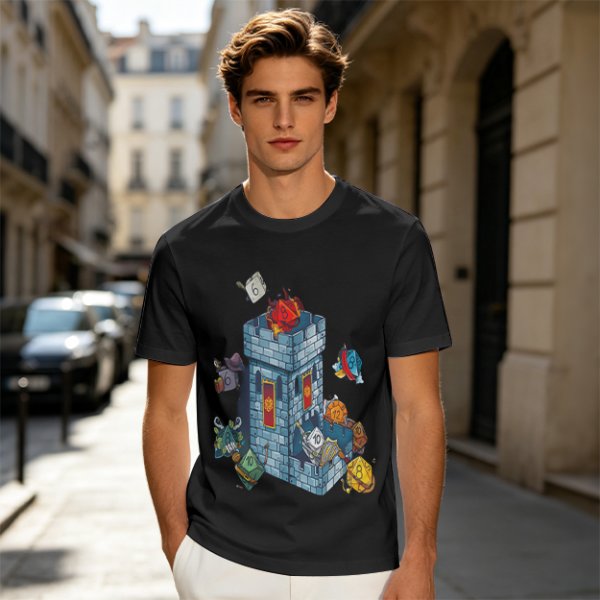 Olive T-Shirt With Fantasy Dice Castle Graphic Design