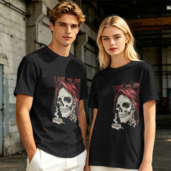Olive Graphic T-Shirt with Skull and 'I Love My Job' Print