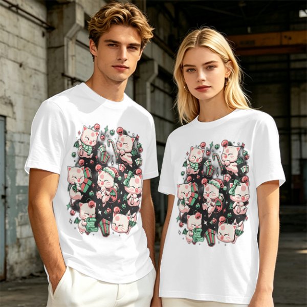 Olive Green T-Shirt With Cute Christmas Kittens And Holiday Gifts Print