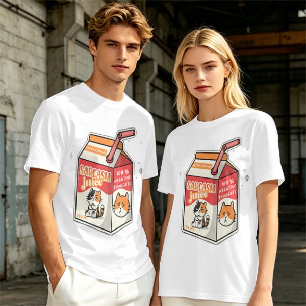 Olive green t-shirt with sarcasm juice carton and grumpy cat print