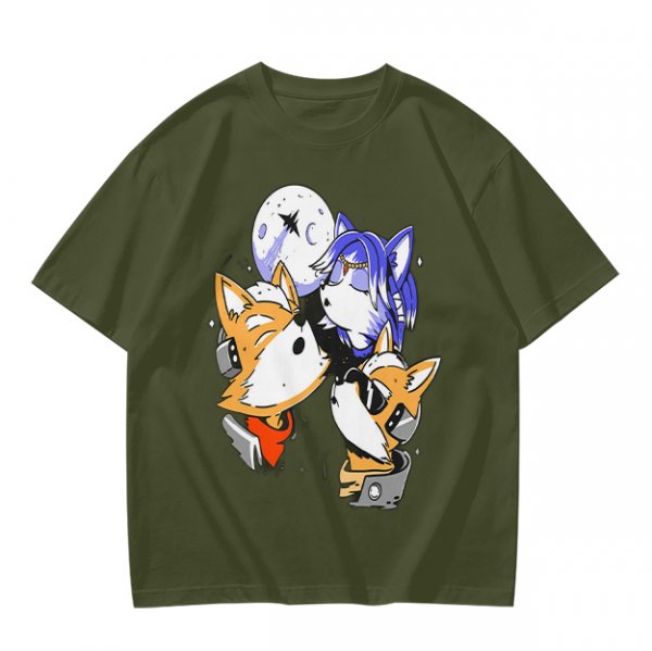 Olive T-shirt with Space Fox Crew Graphic Design