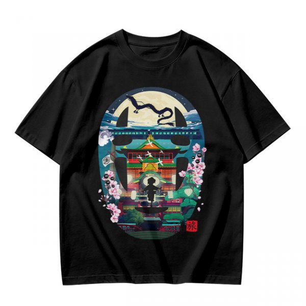 Spirited Away Bathhouse Graphic Tee with No Face and Dragon Art
