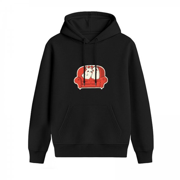 Black hoodie with cute ghosts sitting on red couch graphic