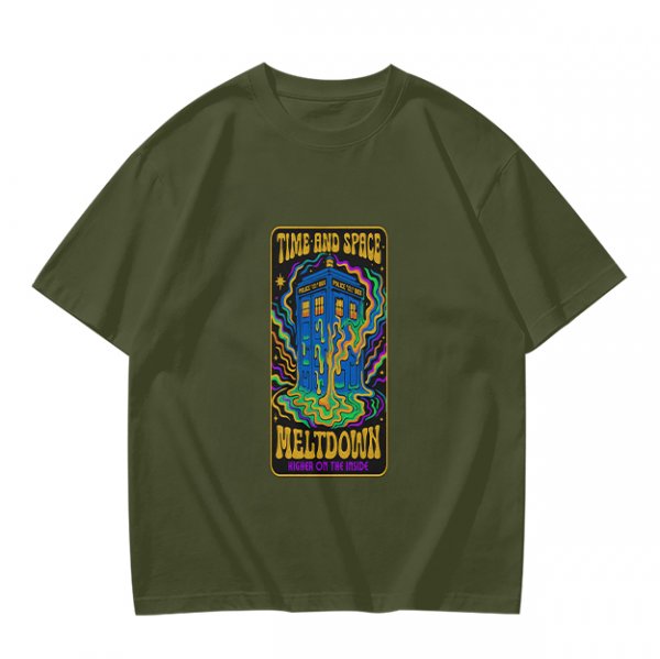 Olive T-Shirt with Psychedelic Time and Space Meltdown Tardis Art