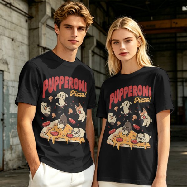 Olive green graphic t-shirt with playful pupperoni pizza dog design