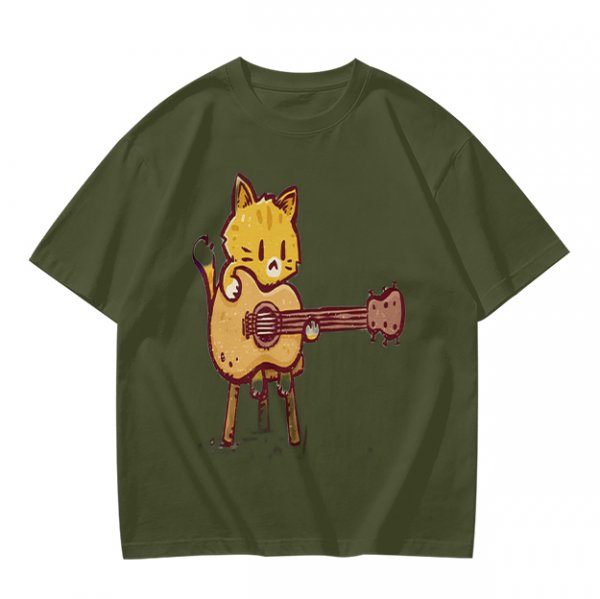 Olive T-shirt with Cute Orange Cat Playing Guitar Graphic