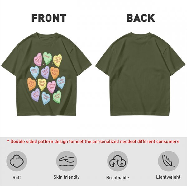 Olive T-shirt with Princess Bride themed conversation heart candies