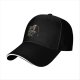Black baseball cap with skeleton sitting on stool graphic