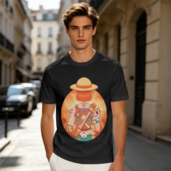 Olive T-Shirt Featuring Anime Character With Straw Hat Back View