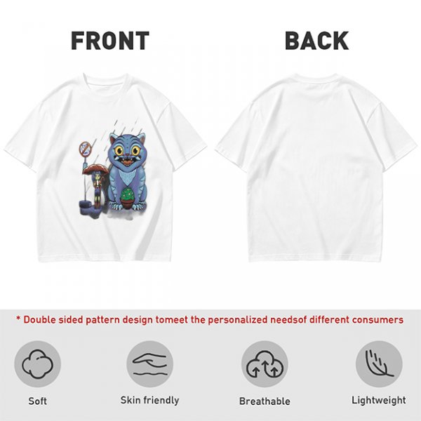 Olive T-Shirt With Whimsical Blue Cat And Mushroom Figure Print