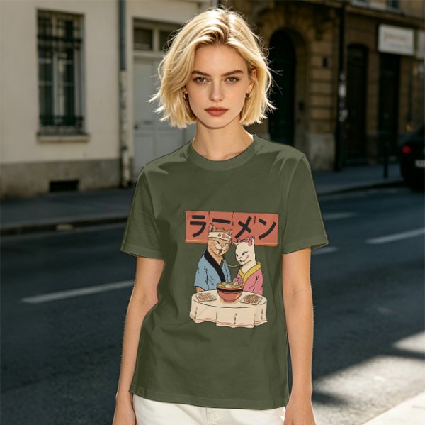 Olive T-Shirt With Cats Eating Ramen Japanese Art Print
