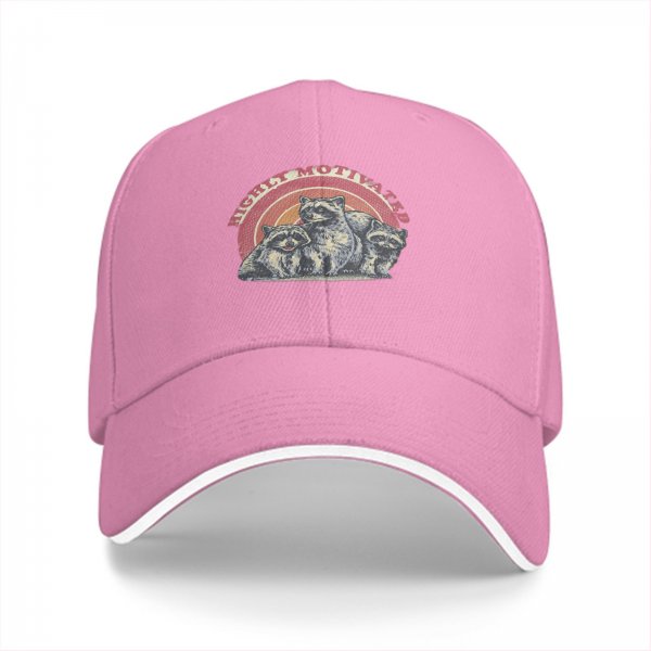 Black baseball cap with highly motivated raccoon graphic and retro rainbow