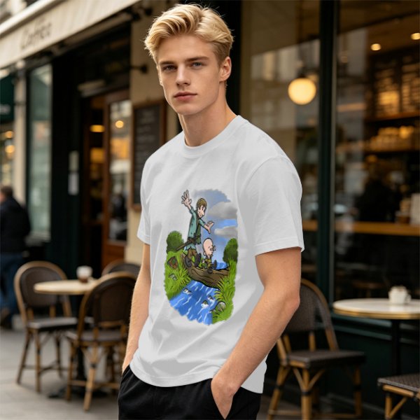 Olive T-shirt with Cartoon Boys Balancing on Log Over Stream