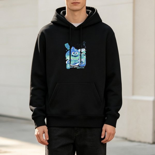 Black hoodie with blue slime and jar graphic print