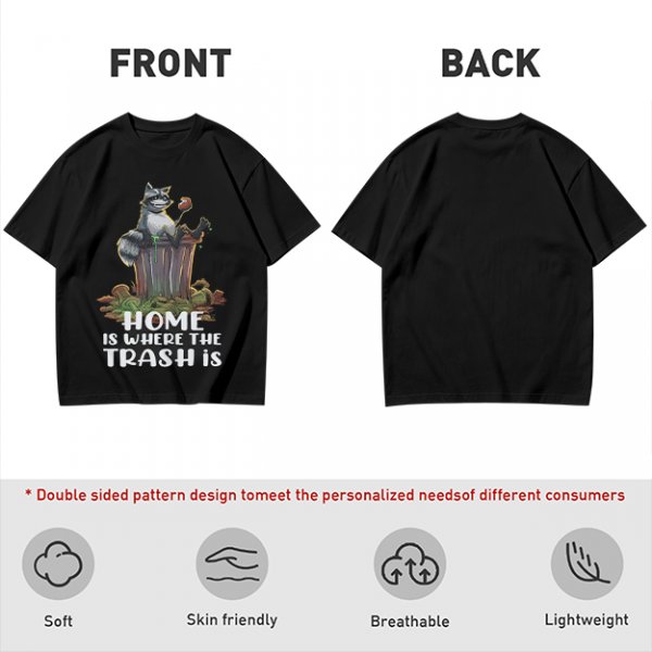 Olive t-shirt with raccoon in trash can and funny home quote