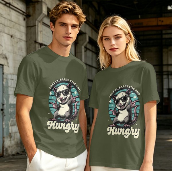 Olive graphic tee with sarcastic hungry opossum in sunglasses