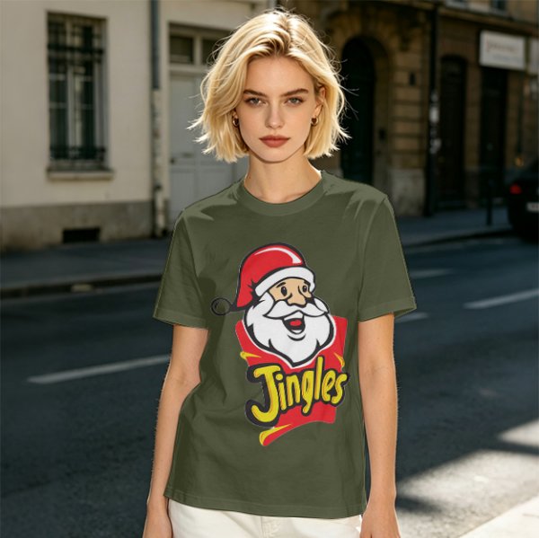 Olive T-Shirt with Santa Claus Jingles Christmas Print