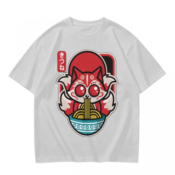 Olive t-shirt with cute kitsune fox eating ramen graphic
