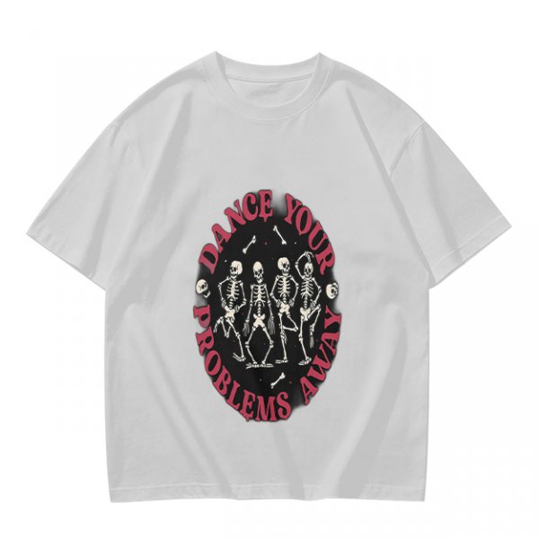 Olive T-shirt with Dancing Skeletons and 'Dance Your Problems Away' Text