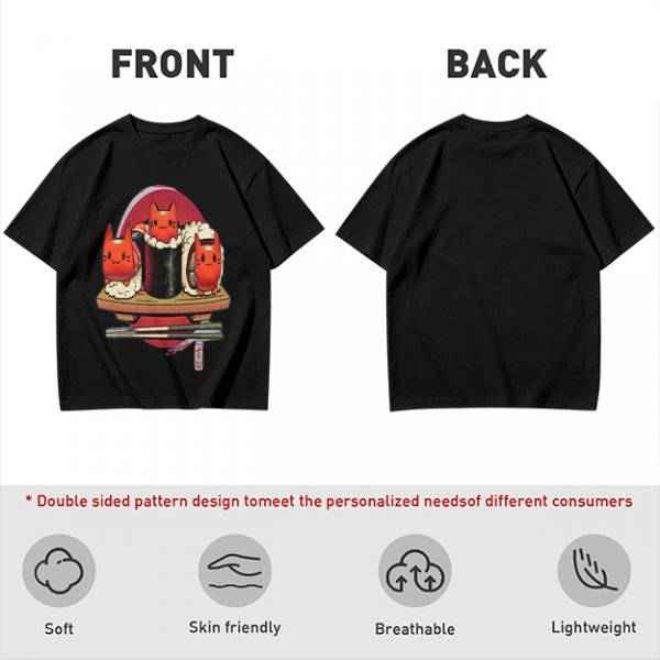 Olive t-shirt with cute cat sushi characters on a wooden platter