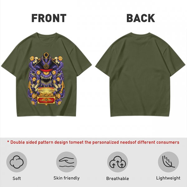Olive T-Shirt With Pirate Beholder Monster And Treasure Chest Art
