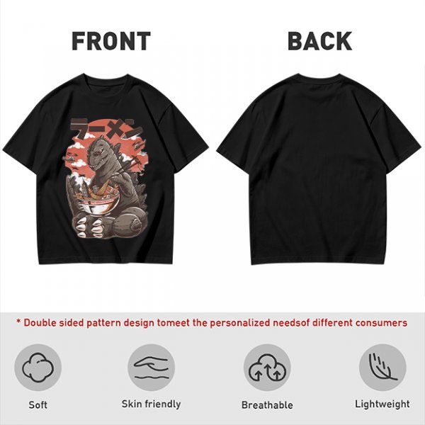 Olive T-shirt with Godzilla eating ramen graphic