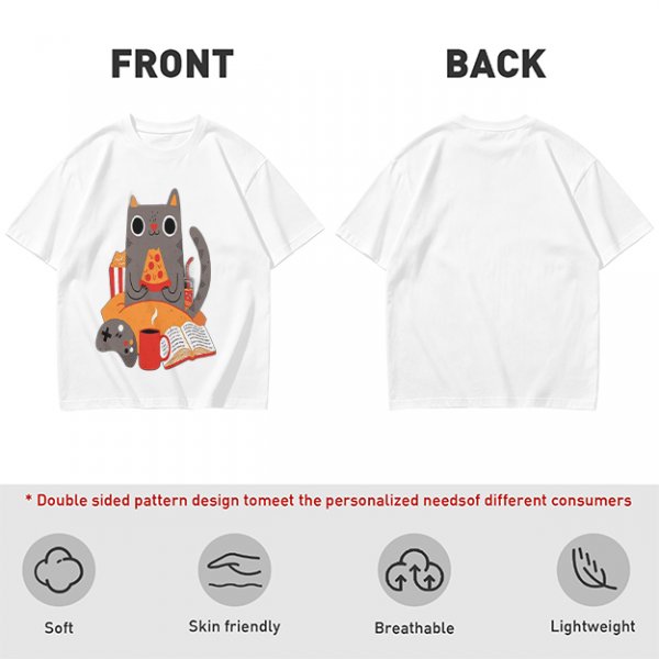 Olive T-Shirt With Cozy Cat Eating Pizza And Gaming Print
