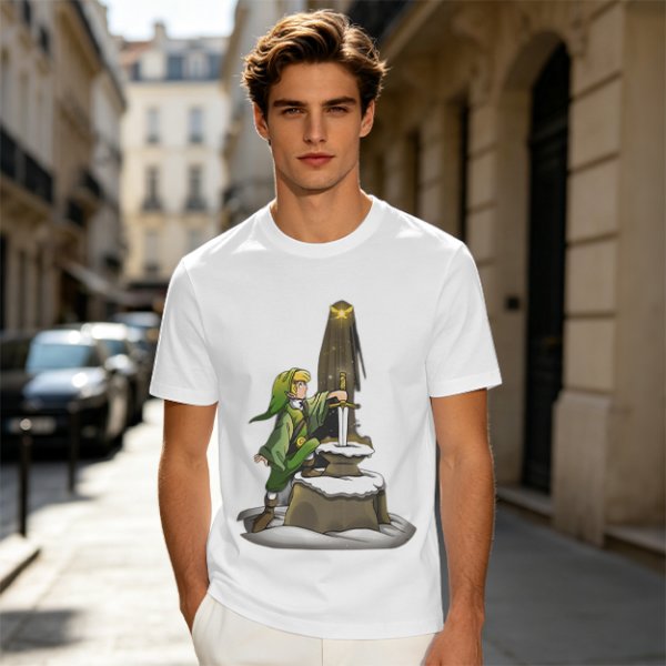 Olive Green T-Shirt With Link Reaching For The Master Sword