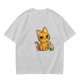 Olive T-shirt with mischievous orange cat knocking over green cup print