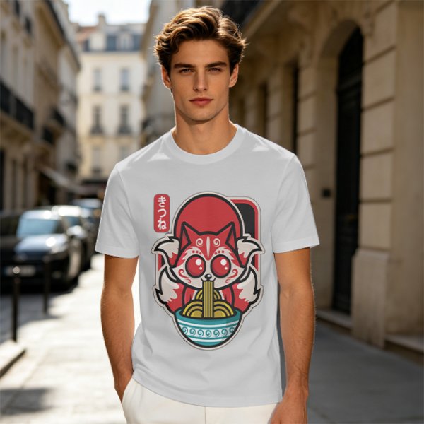 Olive t-shirt with cute kitsune fox eating ramen graphic