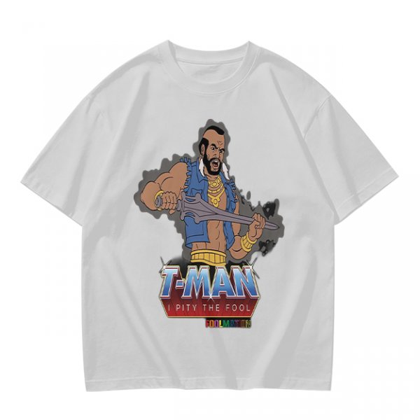 Olive T-shirt with T-Man He-Man parody graphic and 'I Pity The Fool' text